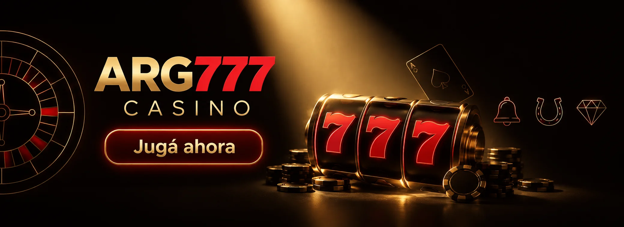 Banner de Arg777 Casino con el bono de 12.321 ARS y 100 giros gratis sobre fondo negro, un 7 rojo y un haz de luz dorado